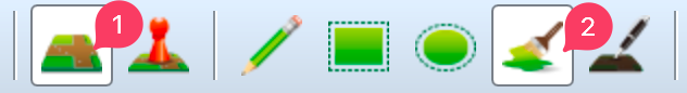 A screenshot of the top icon menu, indicating that you first click the green icon with a brown cross and then the paintbrush with the green paint.