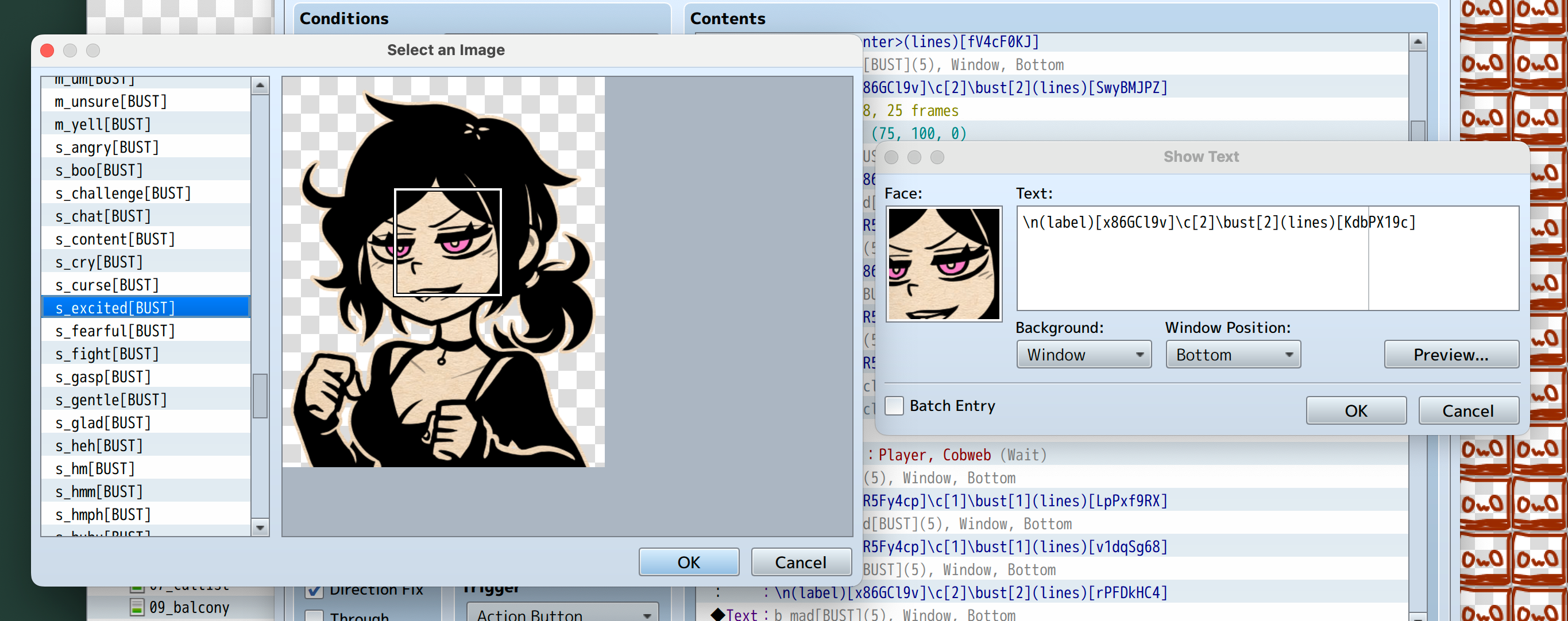 A screenshot of the "Show Text" dialog, and the "Select an Image" dialog that opens from it.