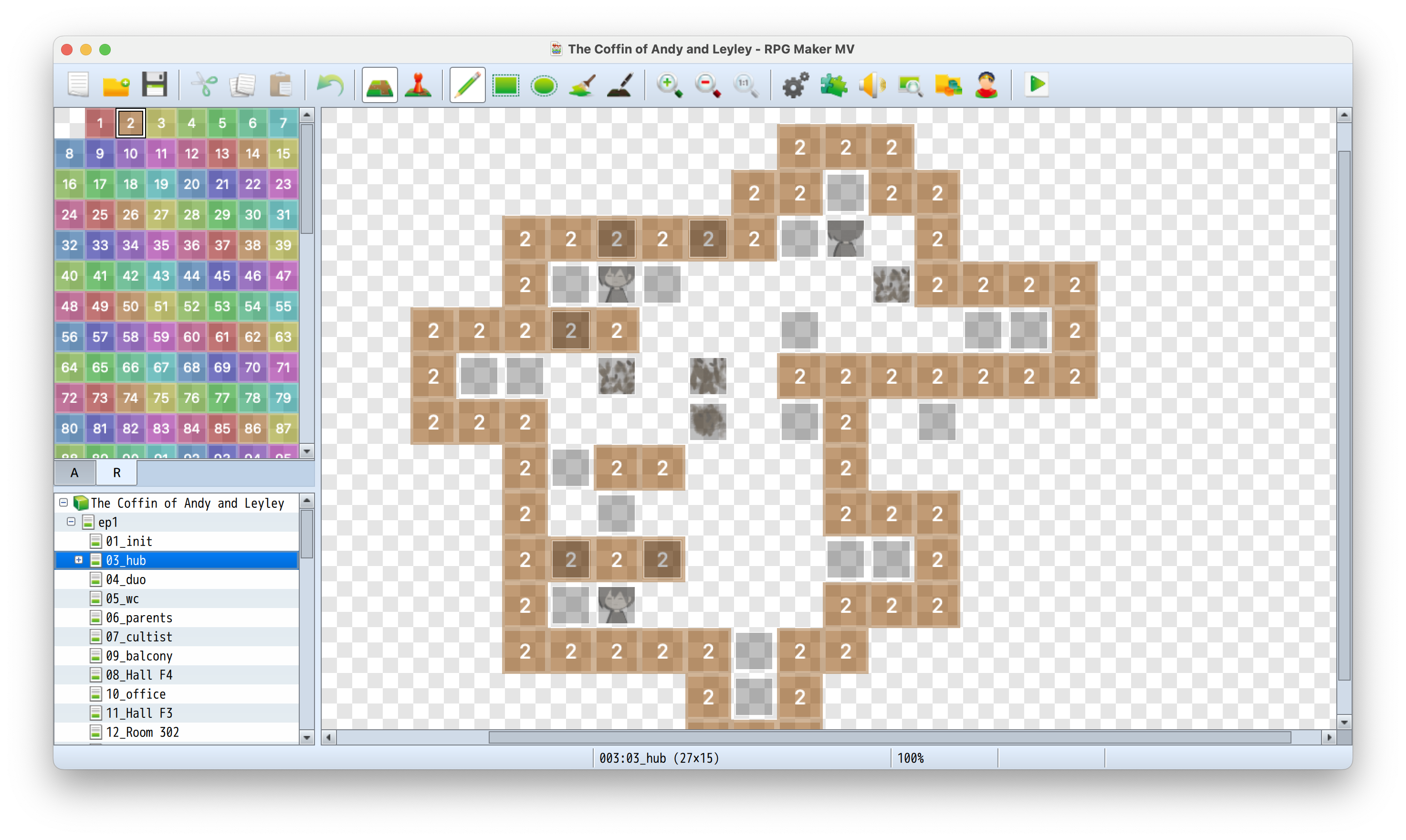 A screenshot of the editor that shows the top left tile menu on the "R" tab, and the boundary of the main apartment room outlined with "2" tiles.